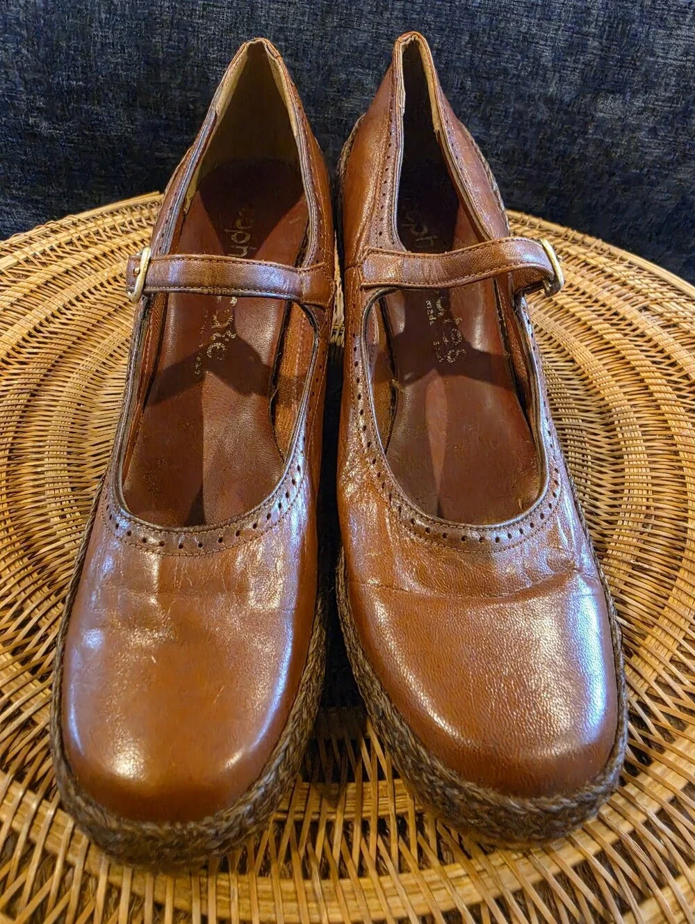 Vintage 1970's Sophisticates Raffia/Leather Mary Jane Wedge Coquette Girl